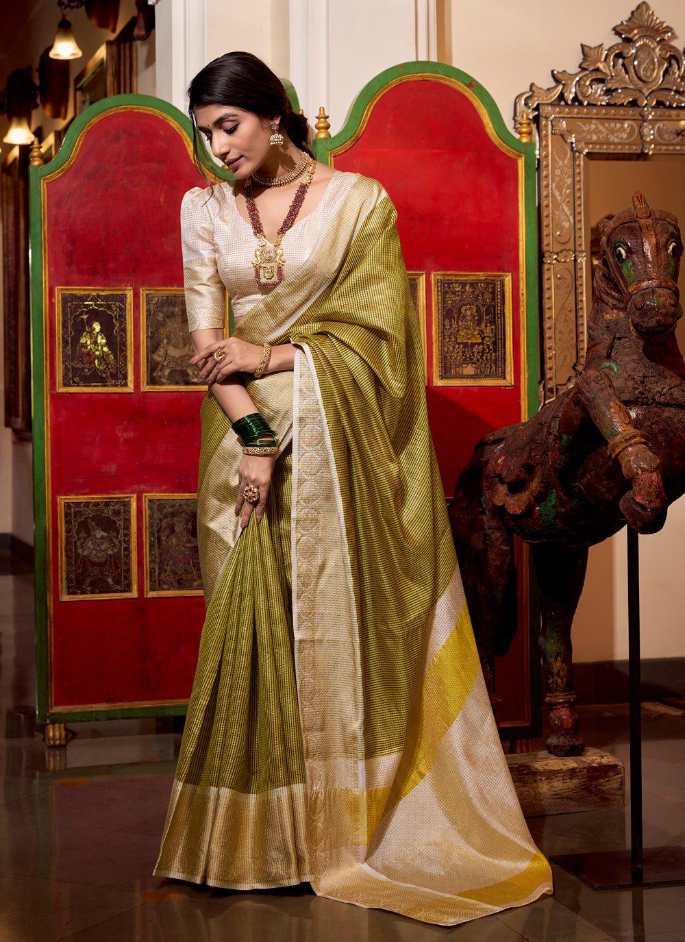 Olive Green Jacquard Silk Saree with Zari Border