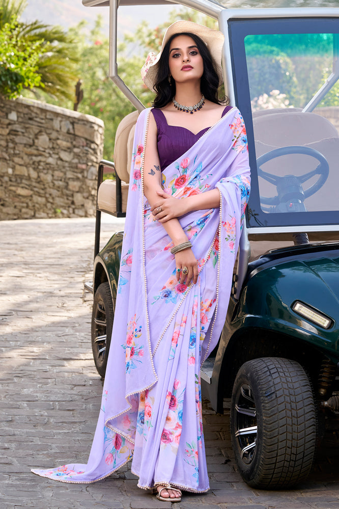 Lavender Georgette Saree with Floral Print – Elegant Partywear