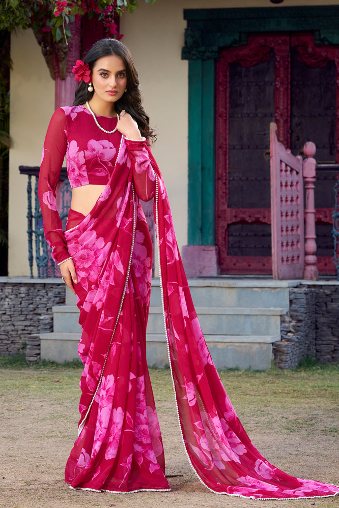 Bold Rani Pink Floral Georgette Saree
