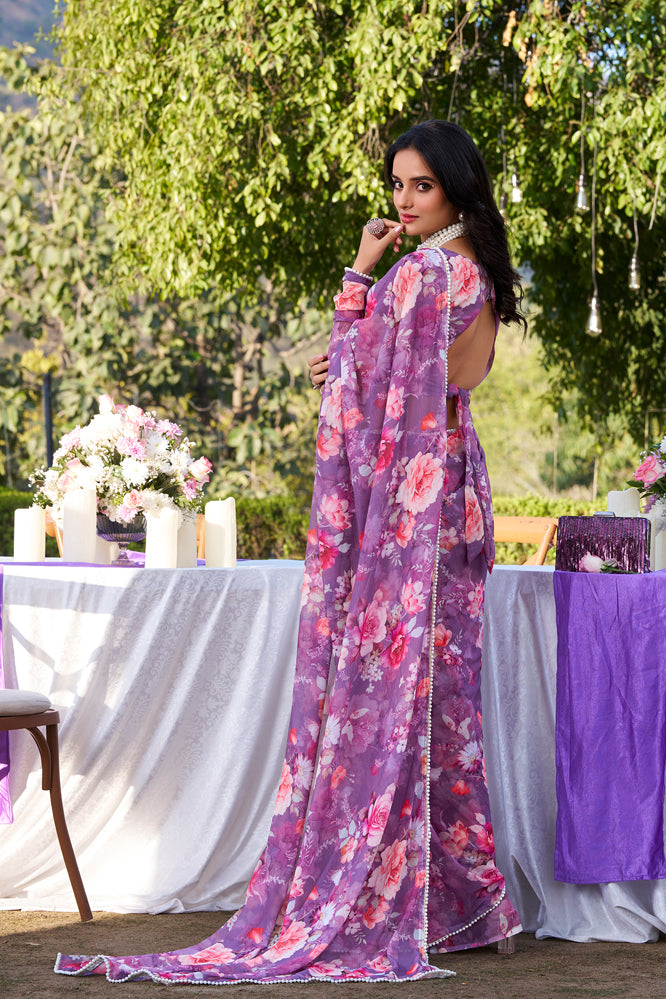 Elegant Lavender Floral Georgette Saree