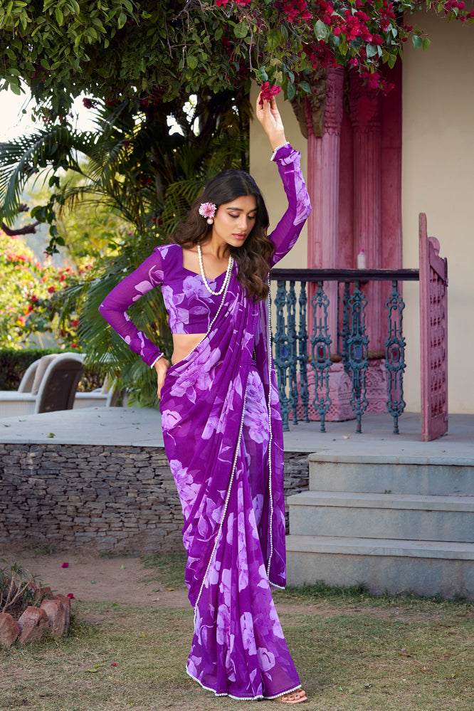 Majestic Purple Floral Georgette Saree