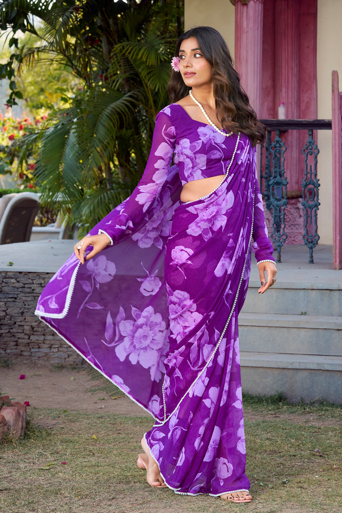 Majestic Purple Floral Georgette Saree