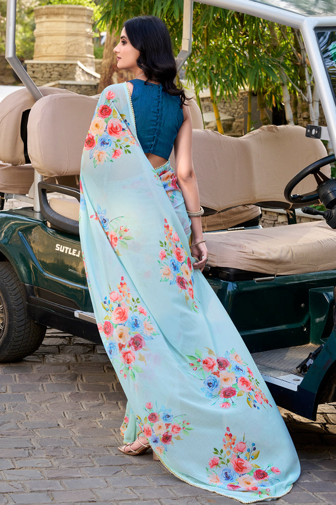 Sea Blue Floral Georgette Saree – Pastel Partywear
