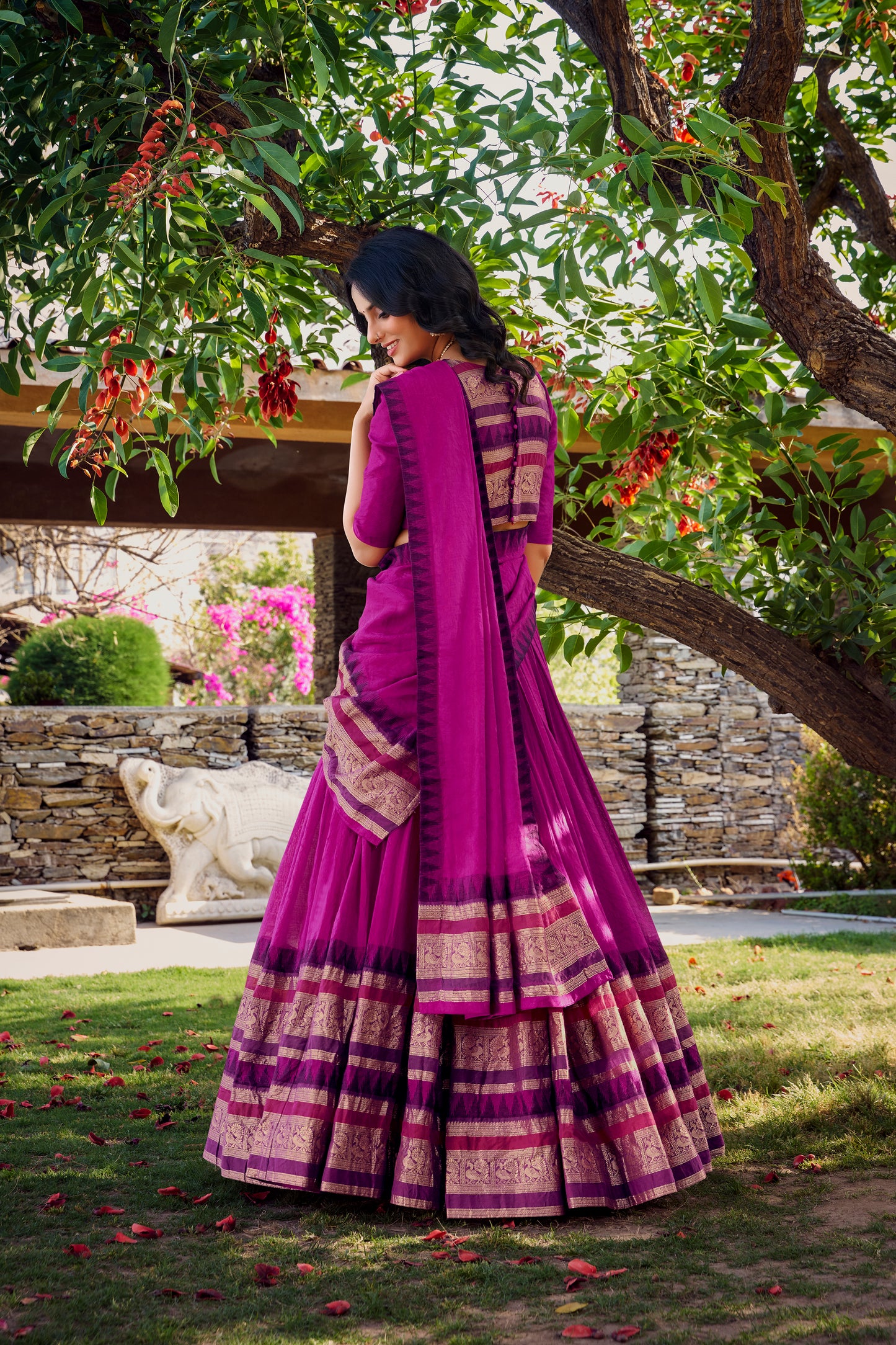 Royal Rani Pink Chanderi Lehenga Set with Zari Woven Border & Dupatta