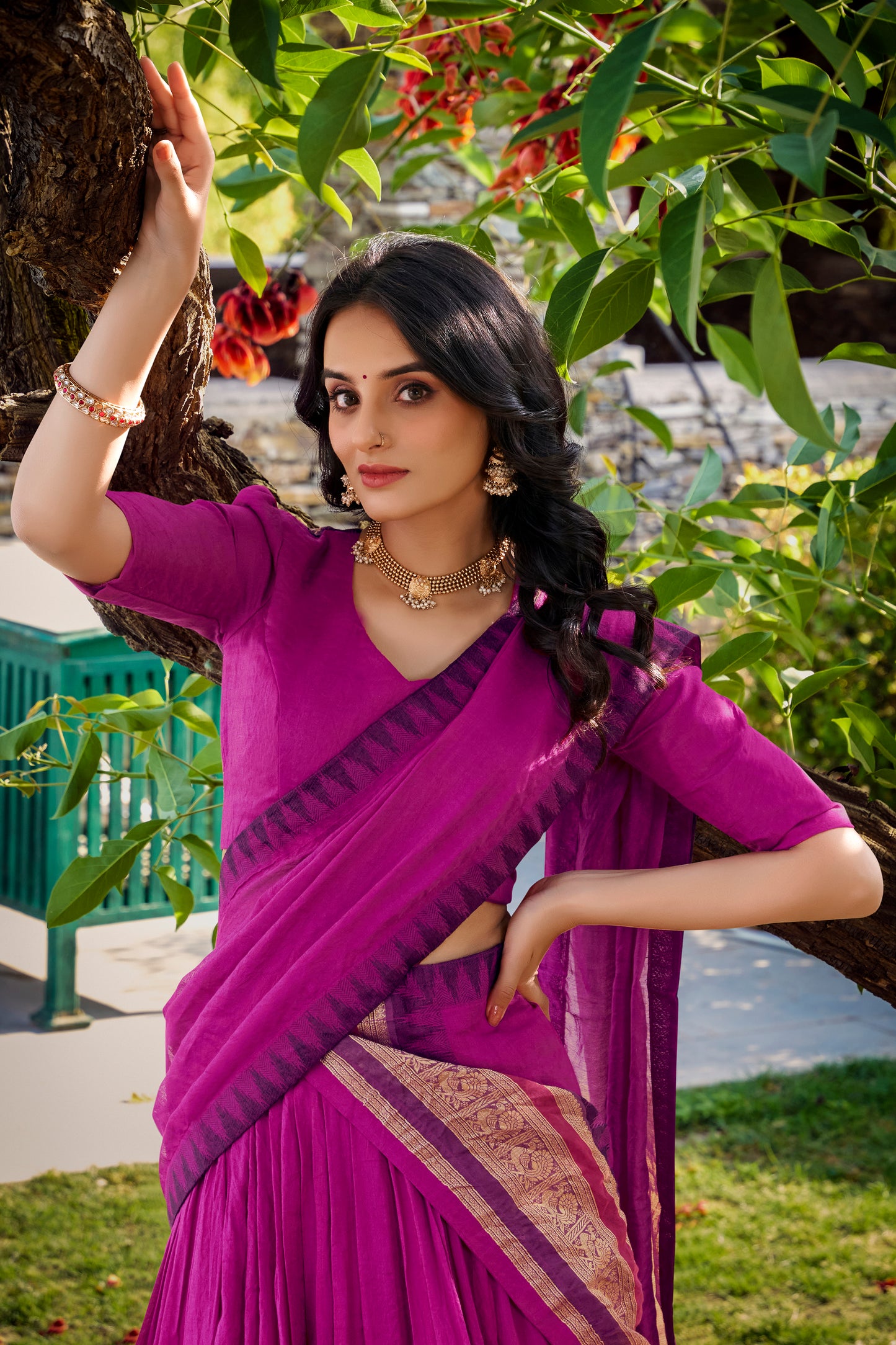 Royal Rani Pink Chanderi Lehenga Set with Zari Woven Border & Dupatta