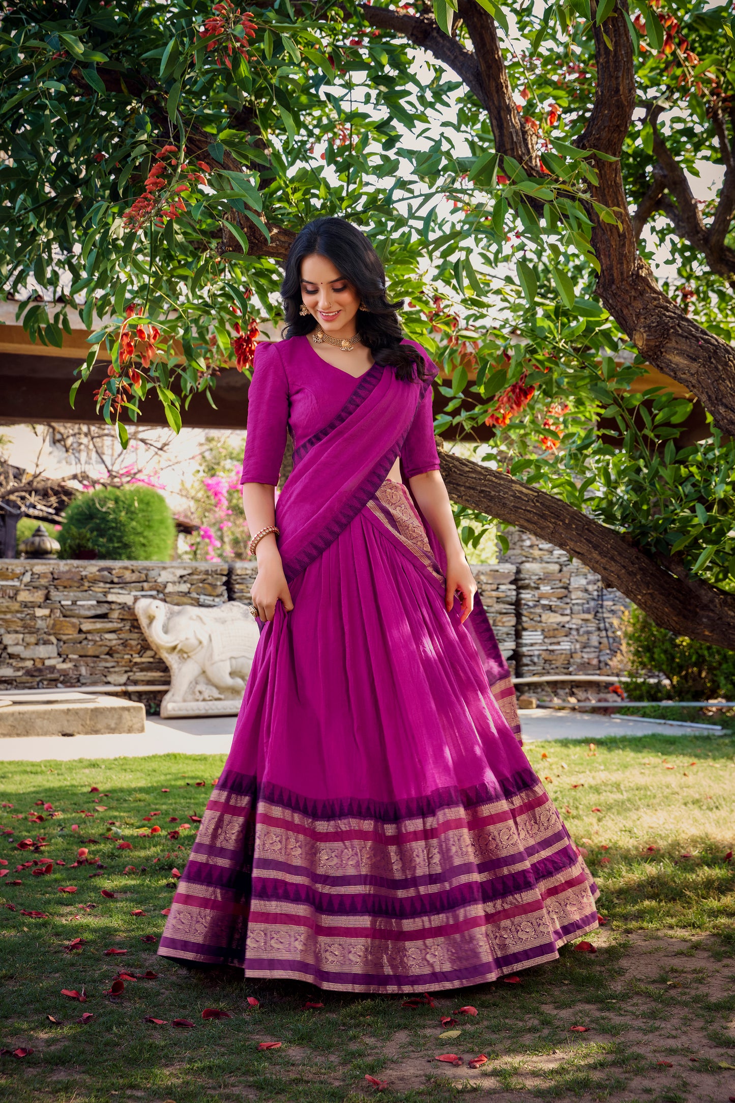 Royal Rani Pink Chanderi Lehenga Set with Zari Woven Border & Dupatta
