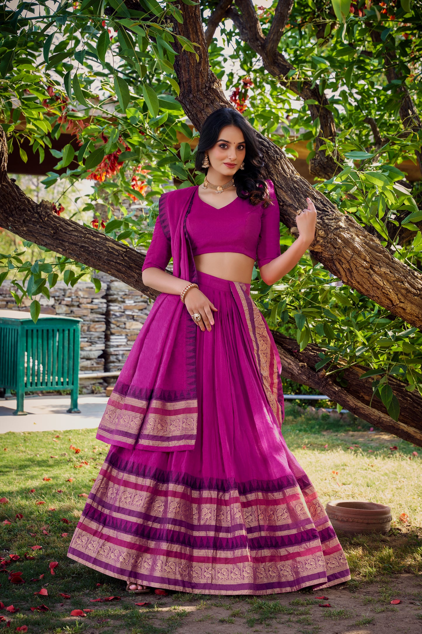 Royal Rani Pink Chanderi Lehenga Set with Zari Woven Border & Dupatta