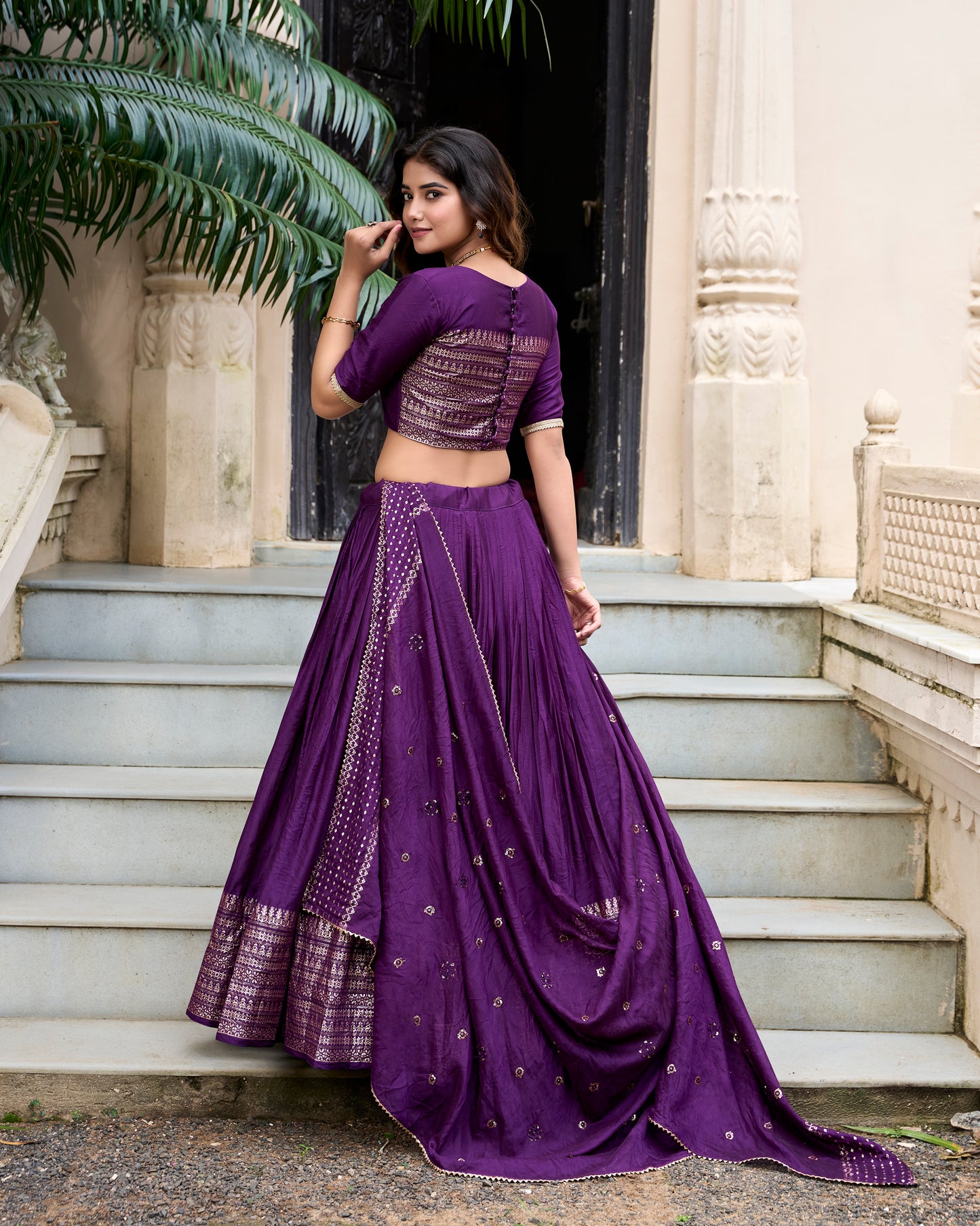 Royal Purple Chanderi Lehenga Set with Zari Woven Border & Dupatta