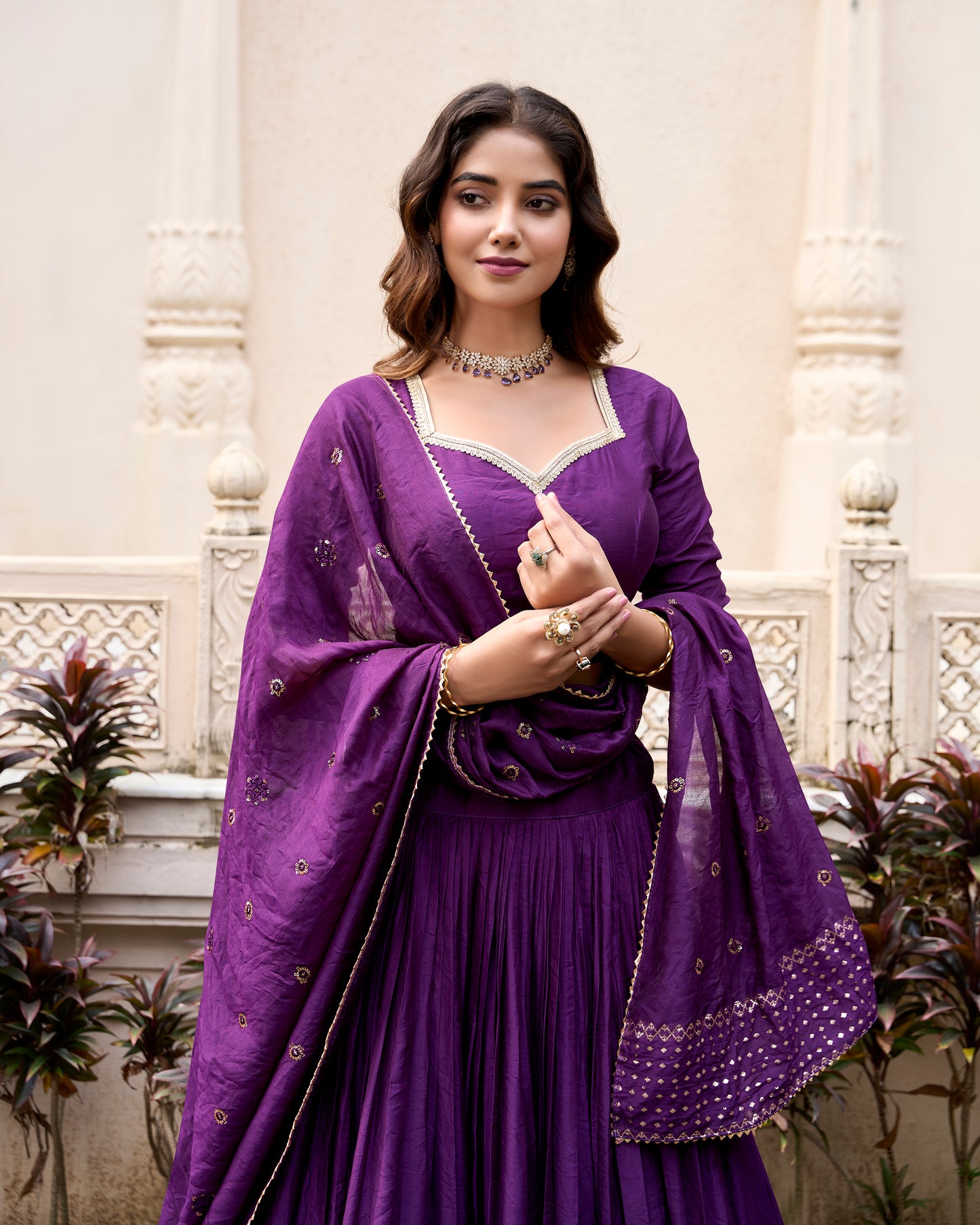 Royal Purple Chanderi Lehenga Set with Zari Woven Border & Dupatta