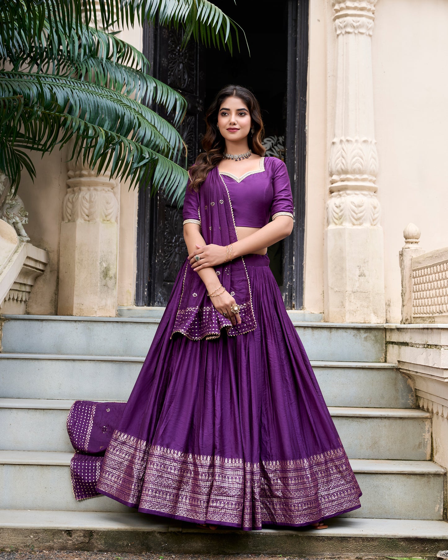 Royal Purple Chanderi Lehenga Set with Zari Woven Border & Dupatta