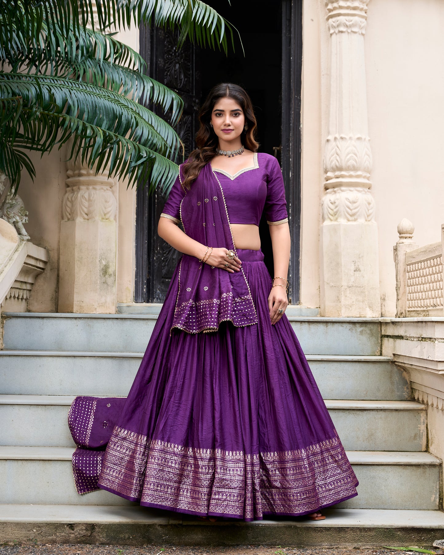 Royal Purple Chanderi Lehenga Set with Zari Woven Border & Dupatta