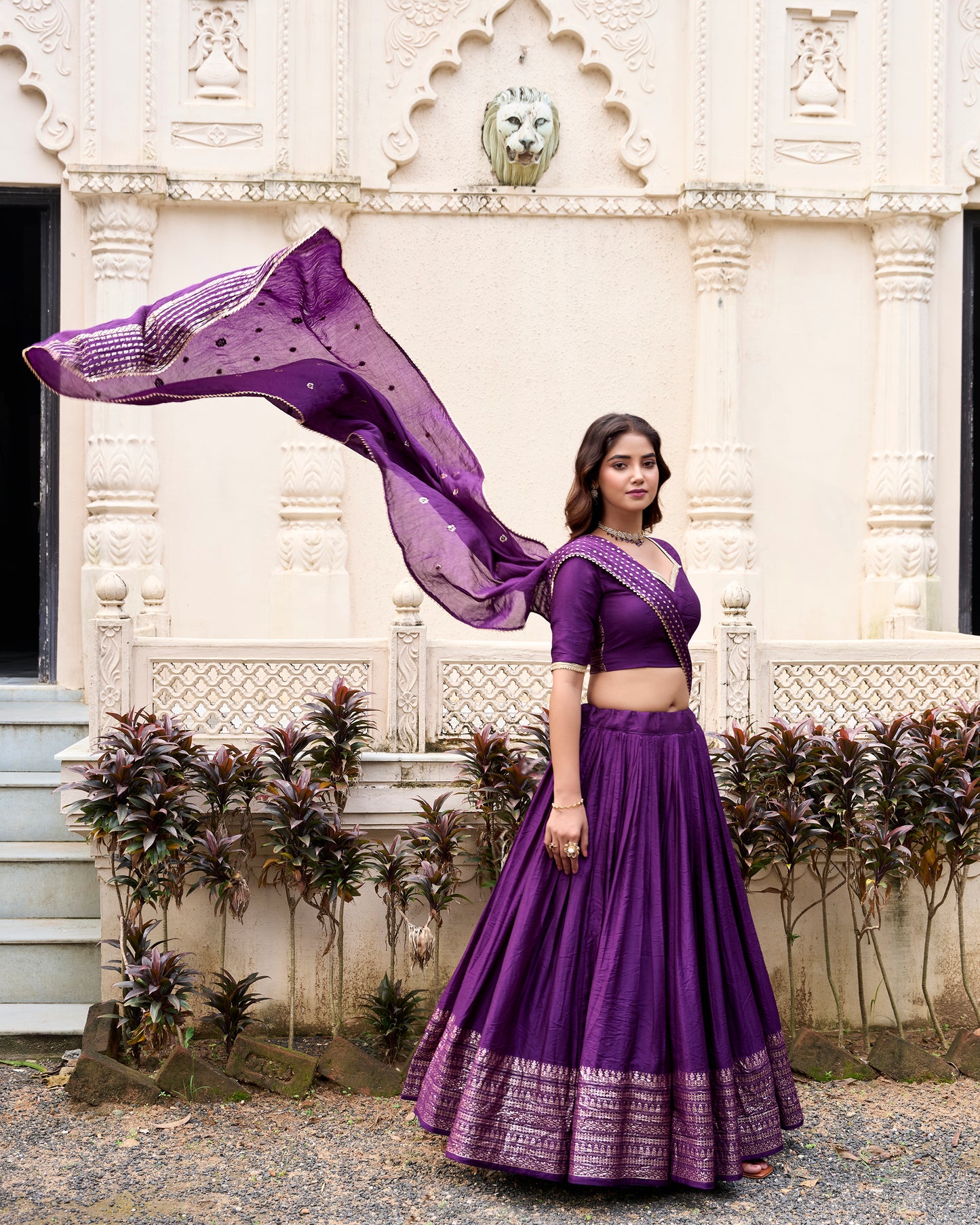 Royal Purple Chanderi Lehenga Set with Zari Woven Border & Dupatta