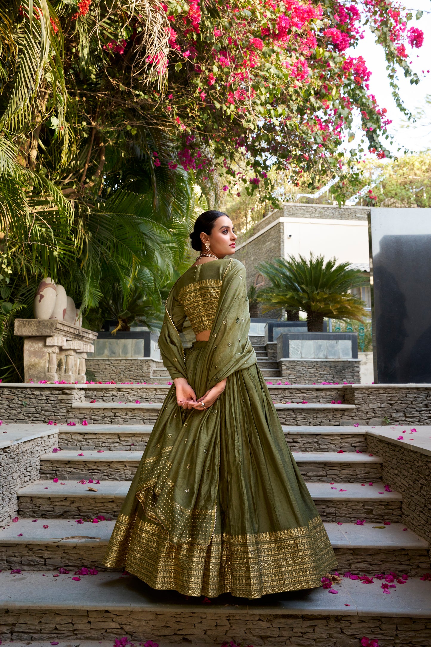 Olive Green Chanderi Lehenga Set with Zari Woven Border & Dupatta