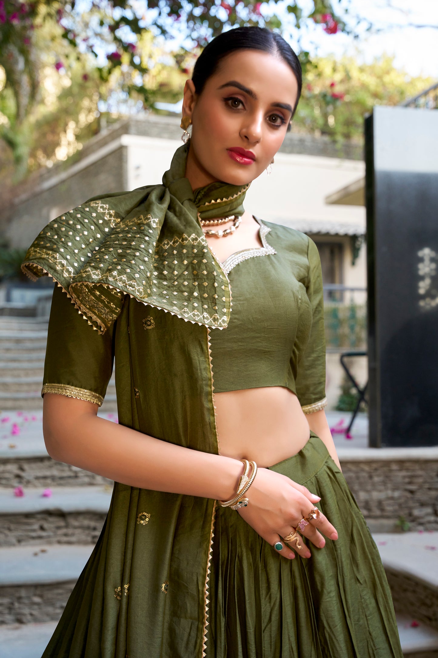 Olive Green Chanderi Lehenga Set with Zari Woven Border & Dupatta
