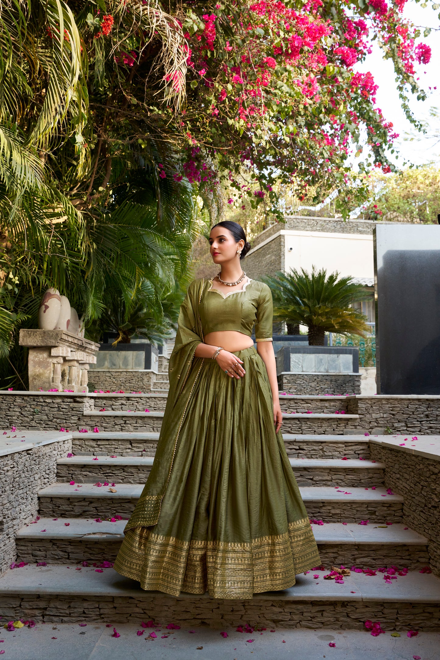 Olive Green Chanderi Lehenga Set with Zari Woven Border & Dupatta