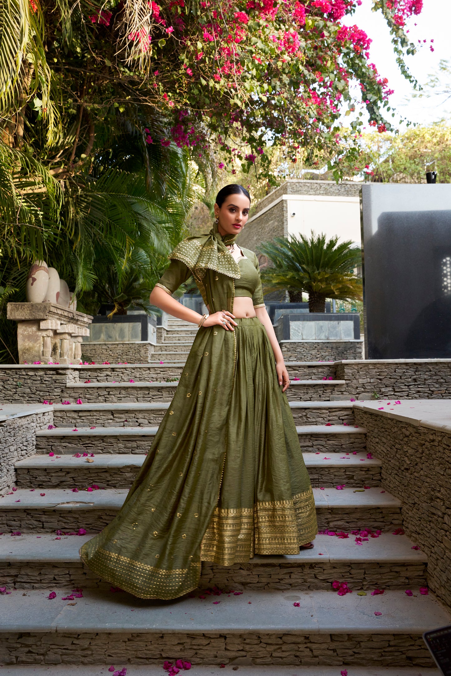 Olive Green Chanderi Lehenga Set with Zari Woven Border & Dupatta