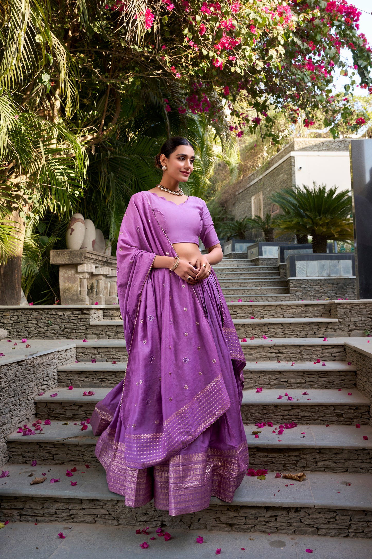 Soft Purple (Orchid Tone) Chanderi Lehenga Setwith Zari Woven Border & Dupatta