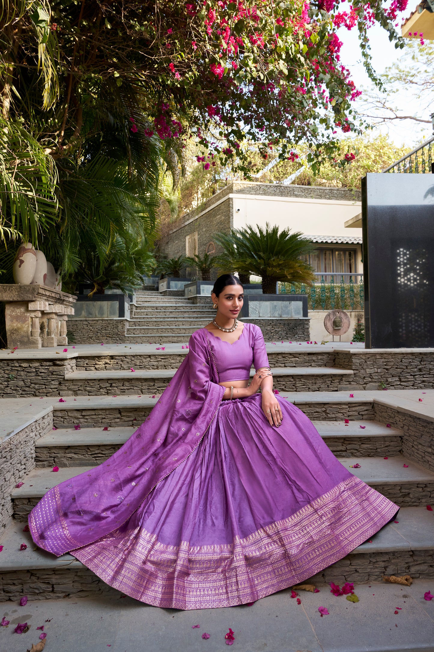Soft Purple (Orchid Tone) Chanderi Lehenga Setwith Zari Woven Border & Dupatta