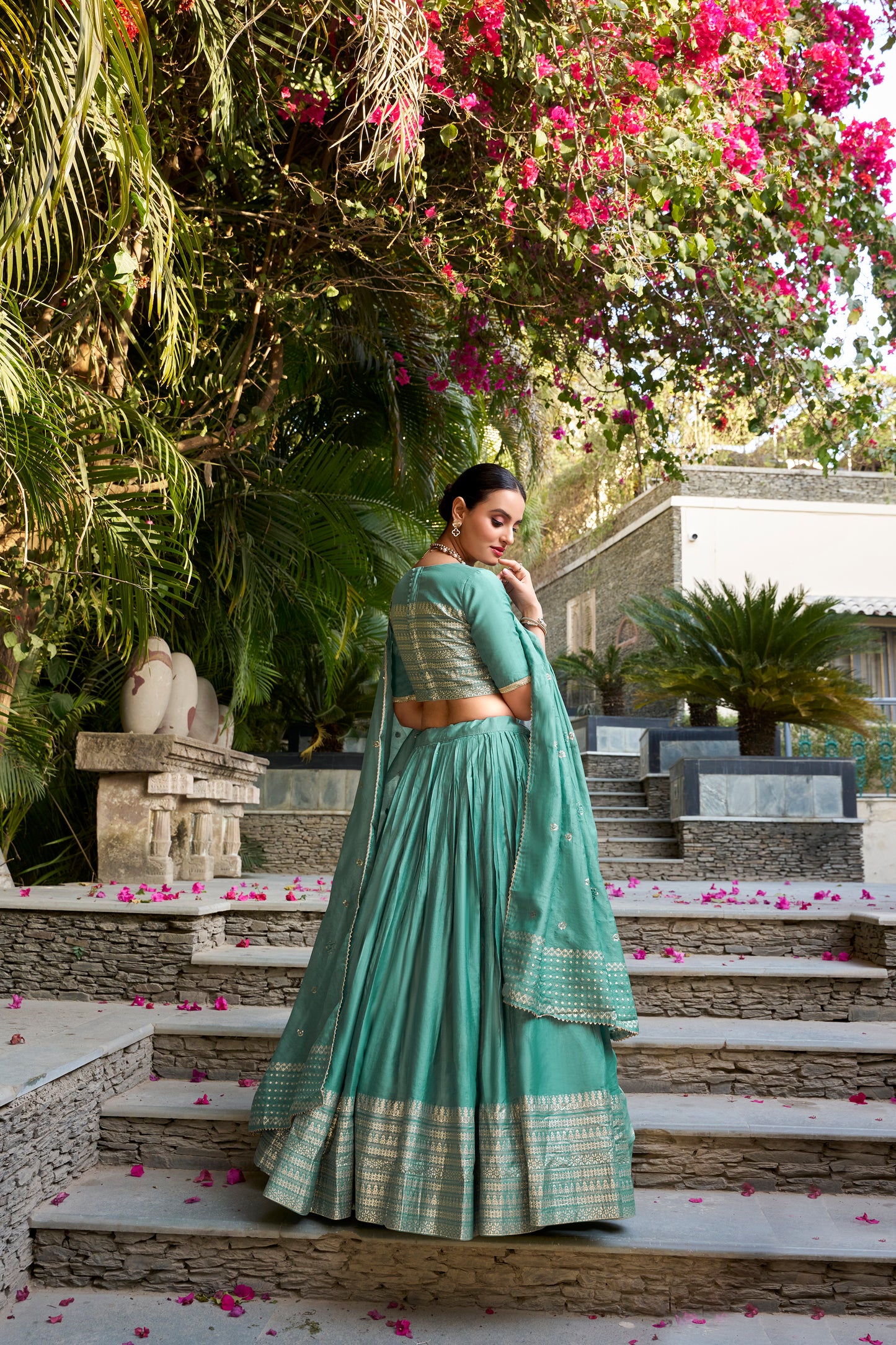 Mint Green Chanderi Lehenga Set with Zari Woven Border & Dupatta