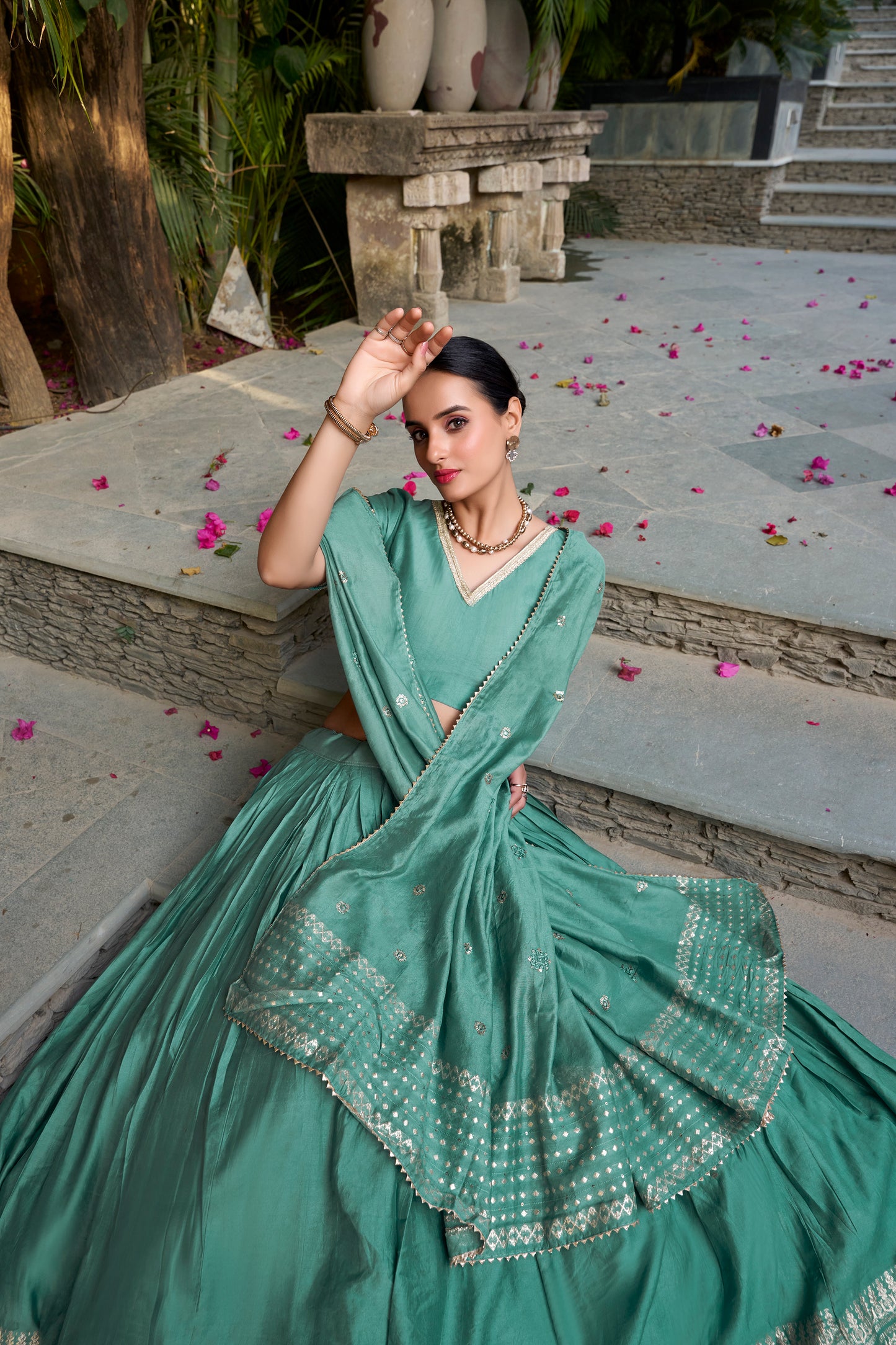 Mint Green Chanderi Lehenga Set with Zari Woven Border & Dupatta