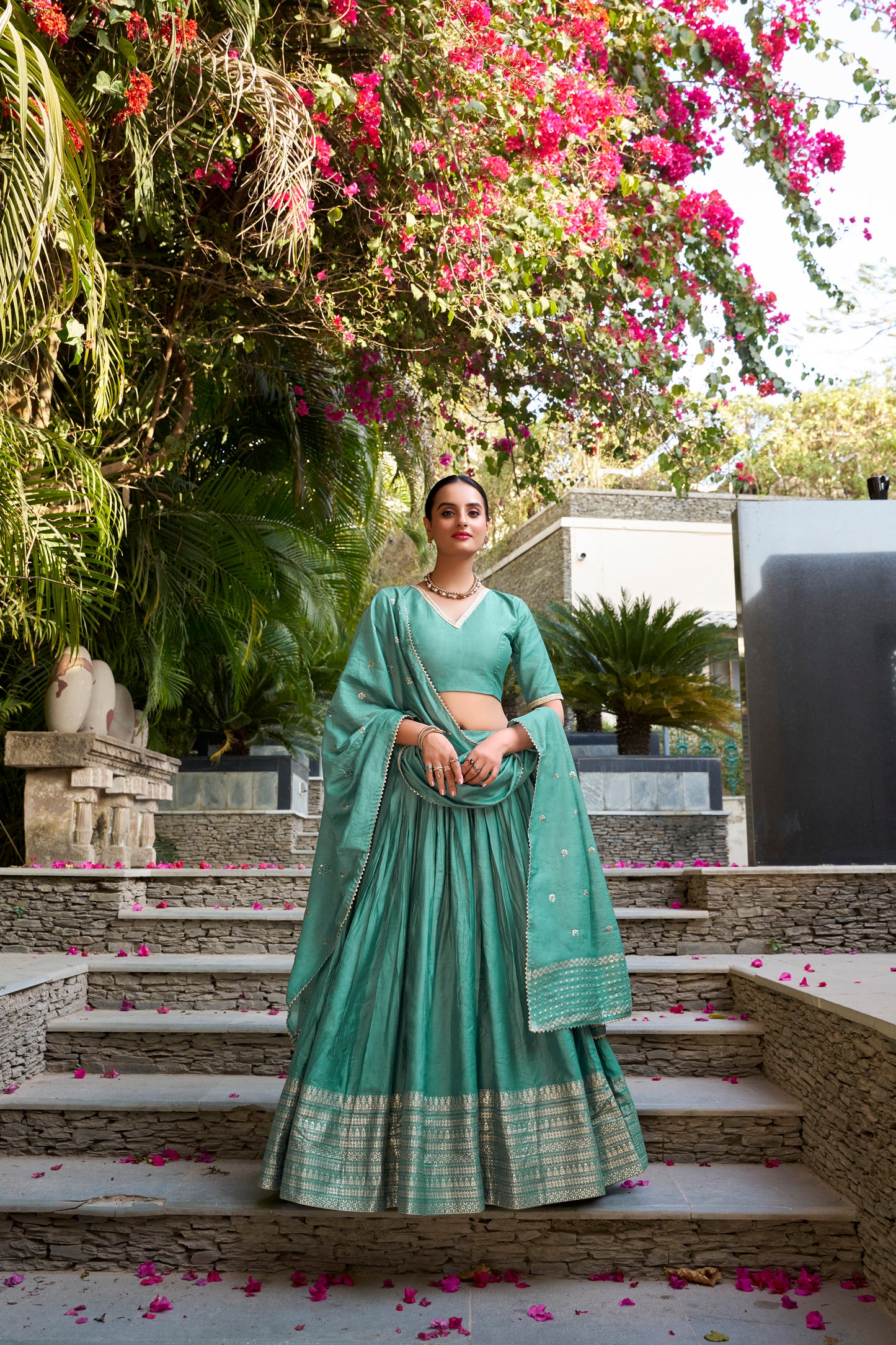 Mint Green Chanderi Lehenga Set with Zari Woven Border & Dupatta