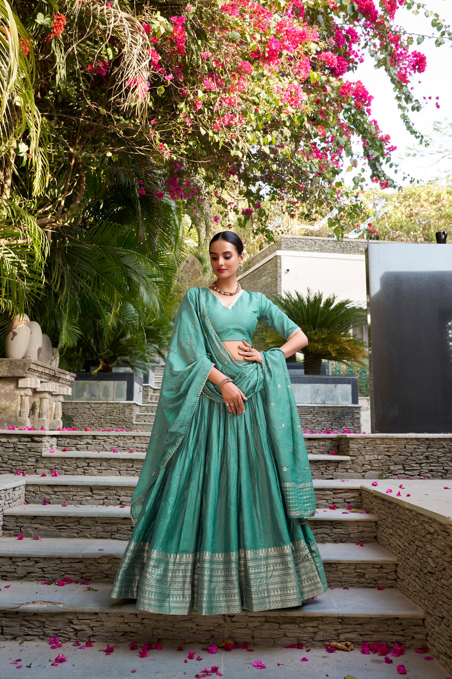 Mint Green Chanderi Lehenga Set with Zari Woven Border & Dupatta