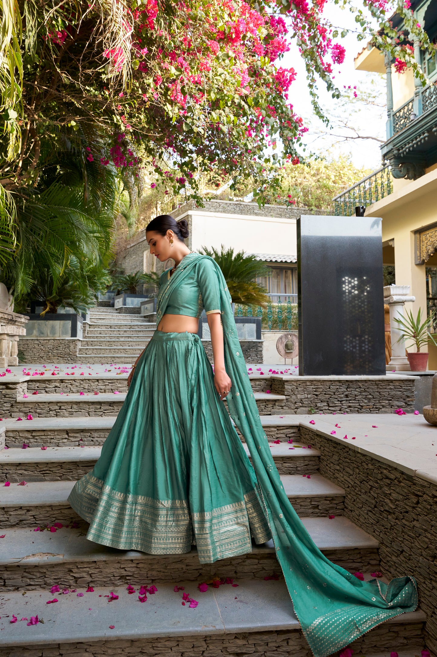 Mint Green Chanderi Lehenga Set with Zari Woven Border & Dupatta