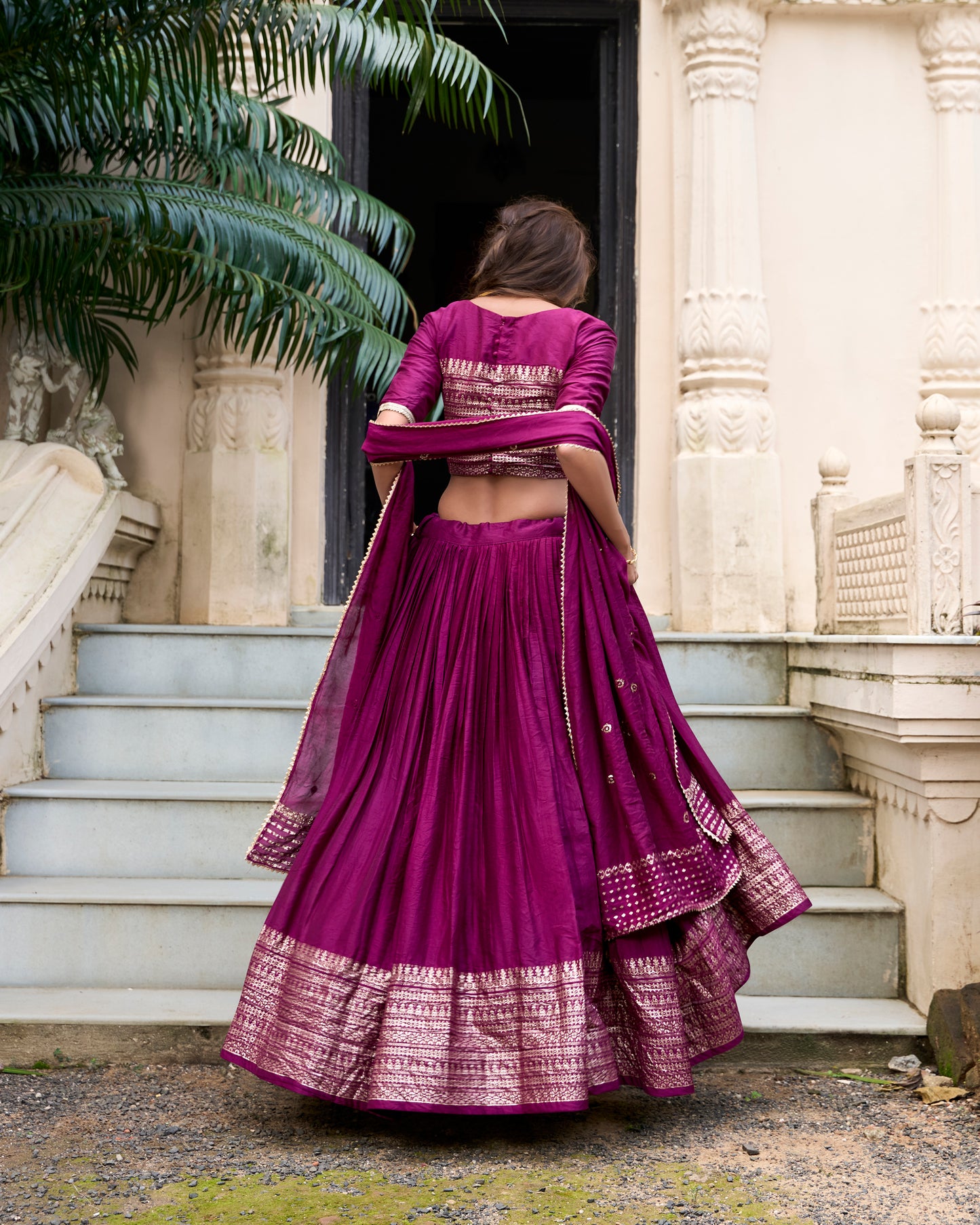 Rich Magenta Chanderi Lehenga Set with Zari Woven Border & Dupatta