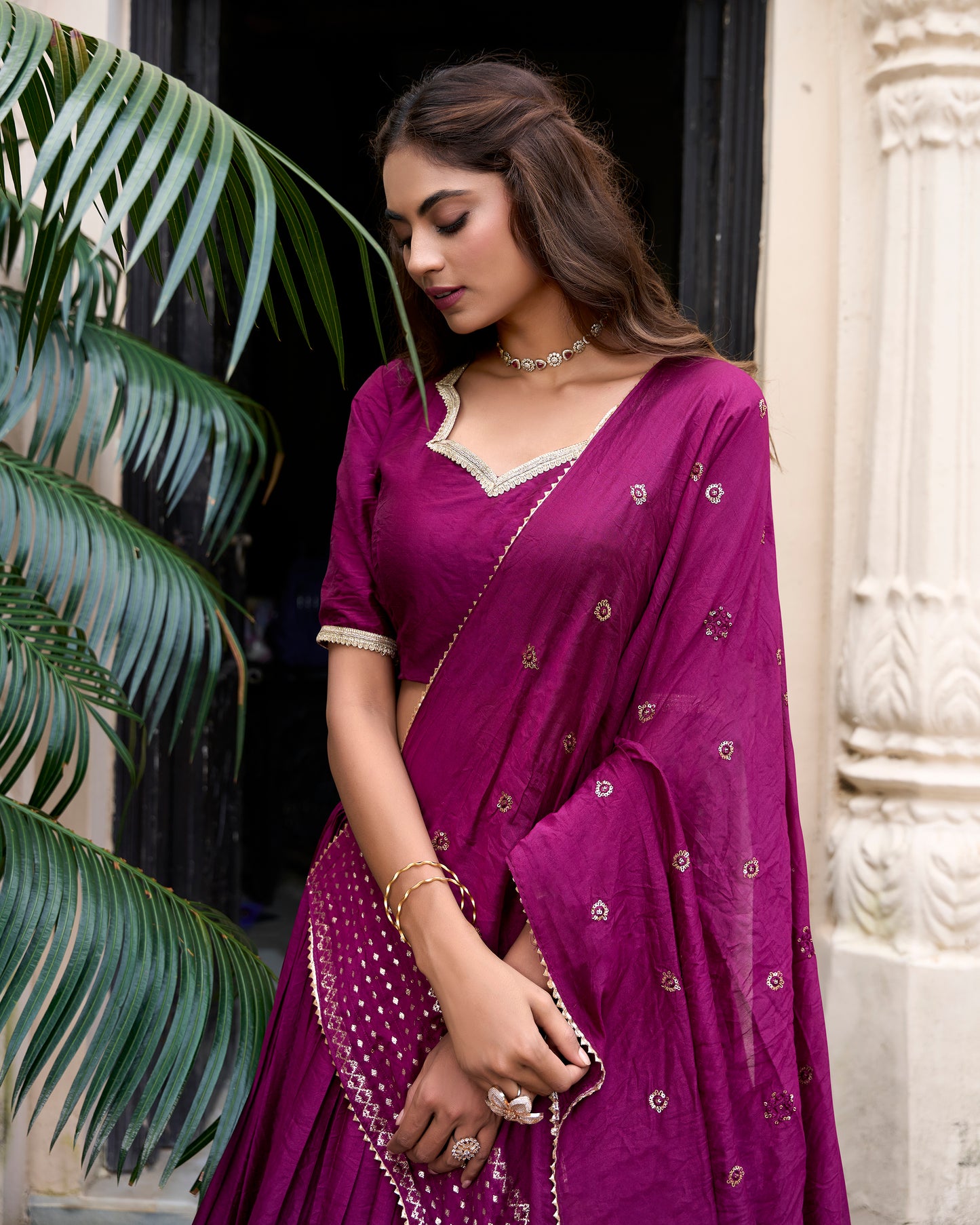 Rich Magenta Chanderi Lehenga Set with Zari Woven Border & Dupatta