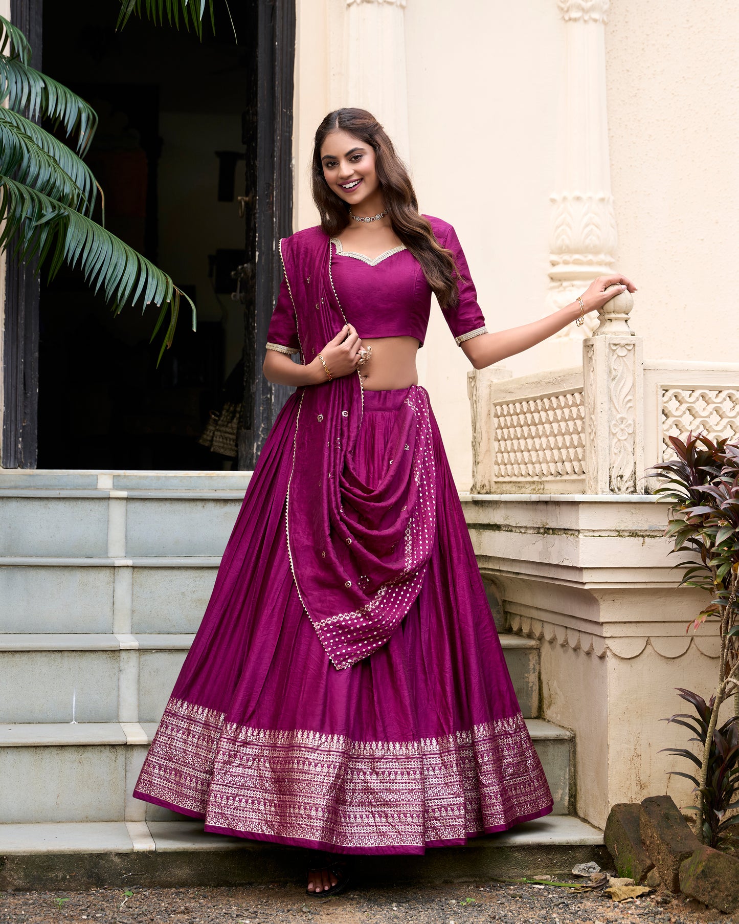 Rich Magenta Chanderi Lehenga Set with Zari Woven Border & Dupatta