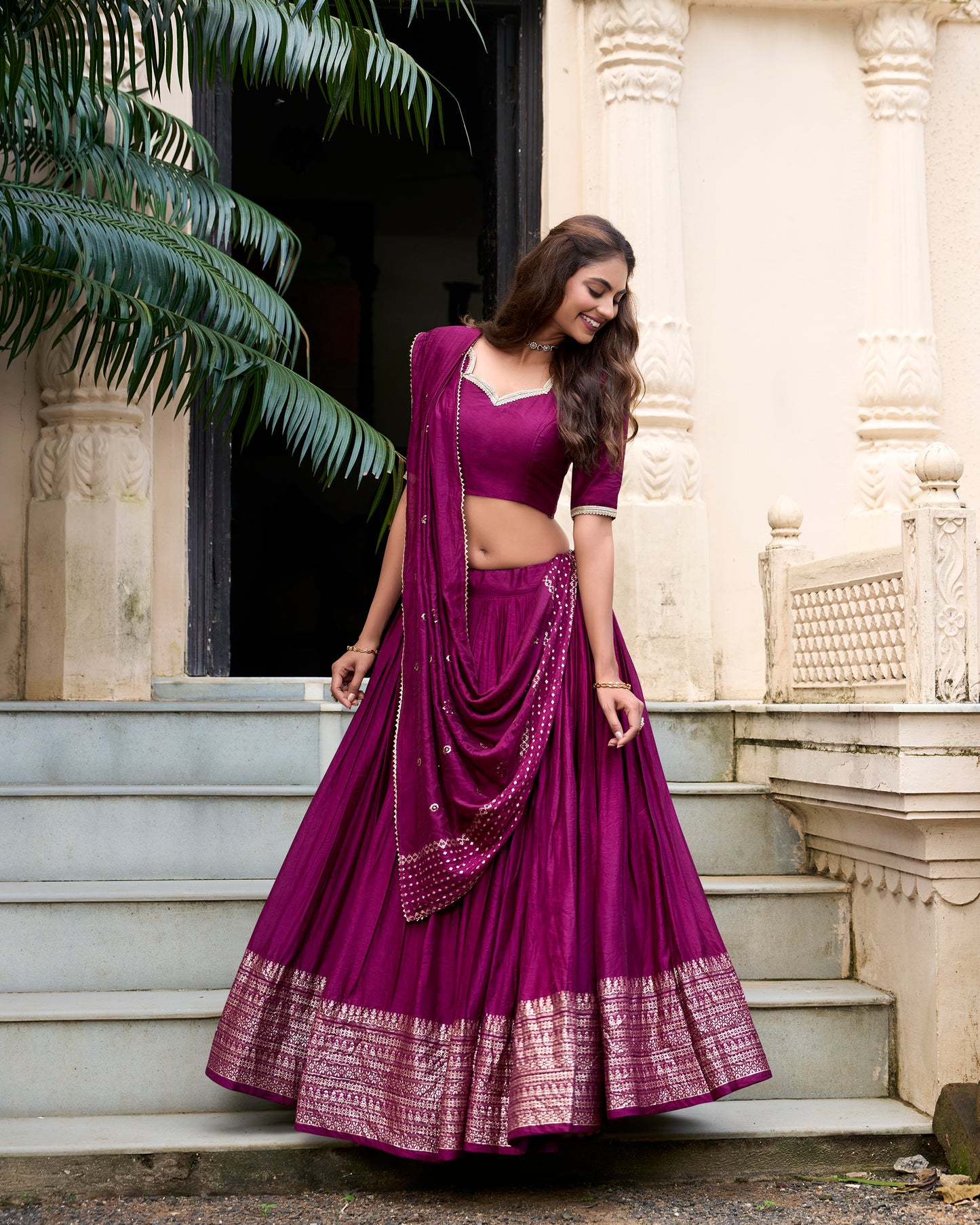 Rich Magenta Chanderi Lehenga Set with Zari Woven Border & Dupatta
