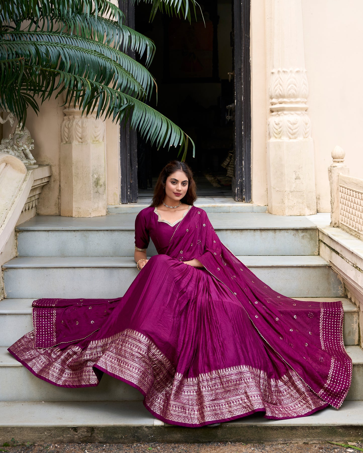 Rich Magenta Chanderi Lehenga Set with Zari Woven Border & Dupatta
