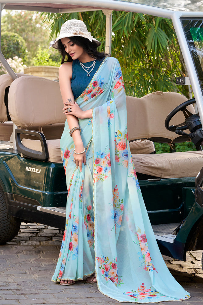 Sea Blue Floral Georgette Saree – Pastel Partywear
