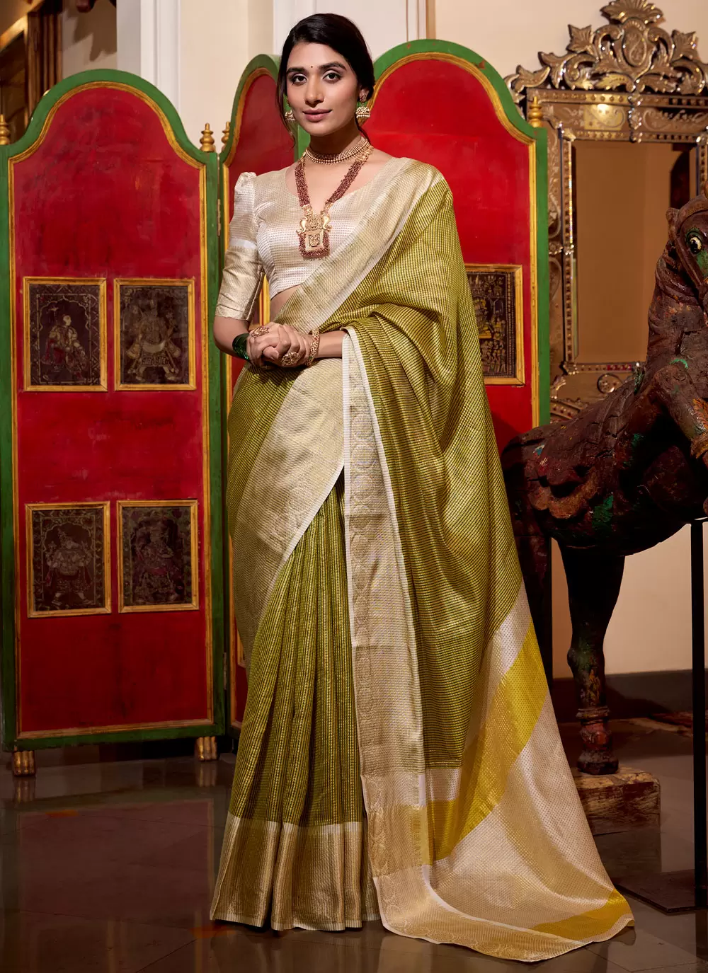 Olive Green Jacquard Silk Saree with Zari Border