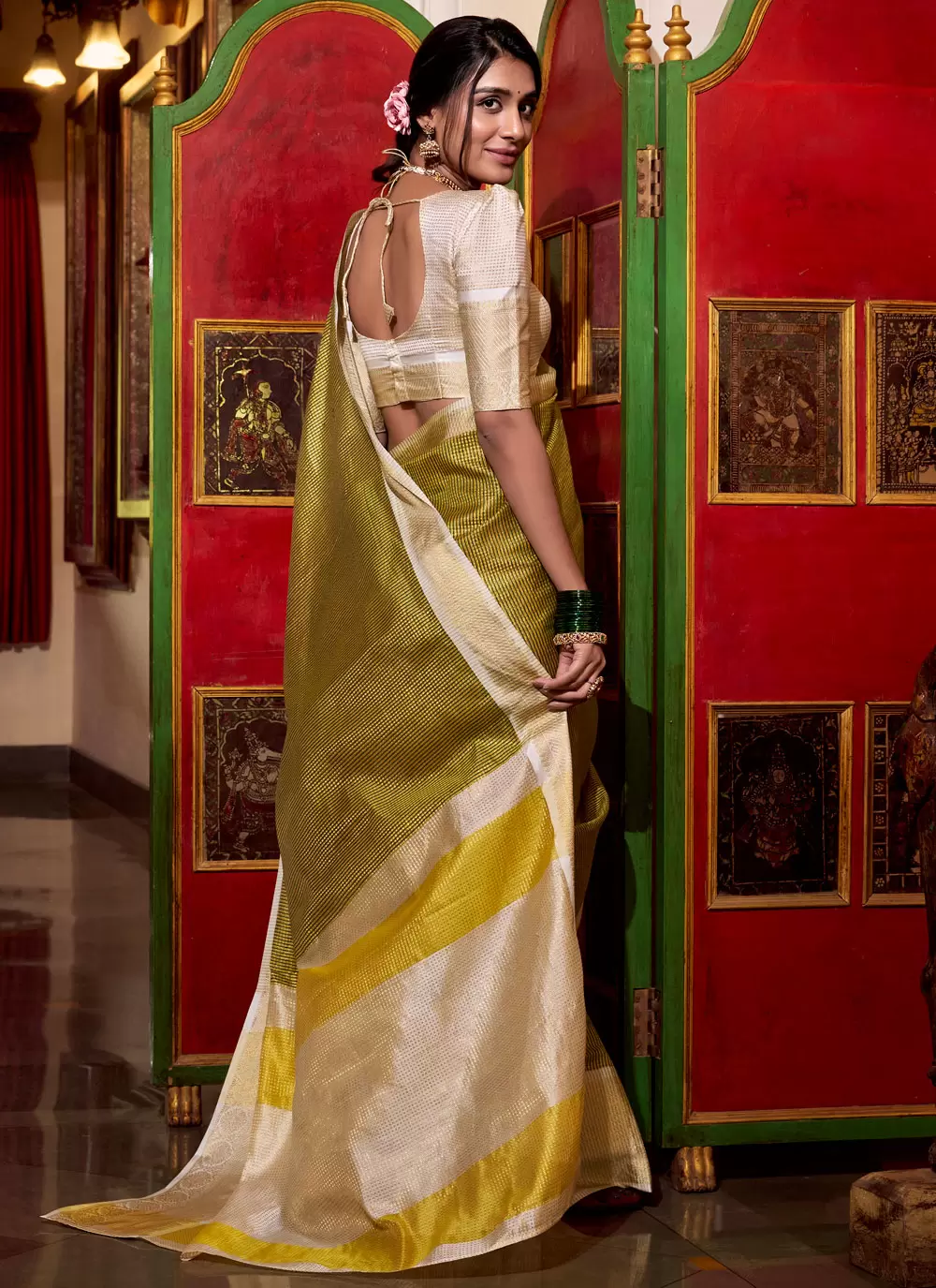 Olive Green Jacquard Silk Saree with Zari Border