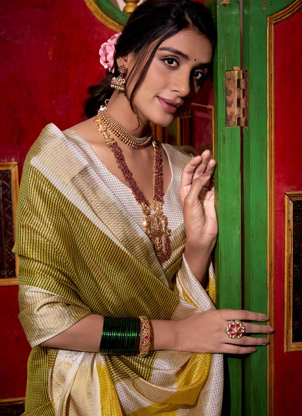 Olive Green Jacquard Silk Saree with Zari Border