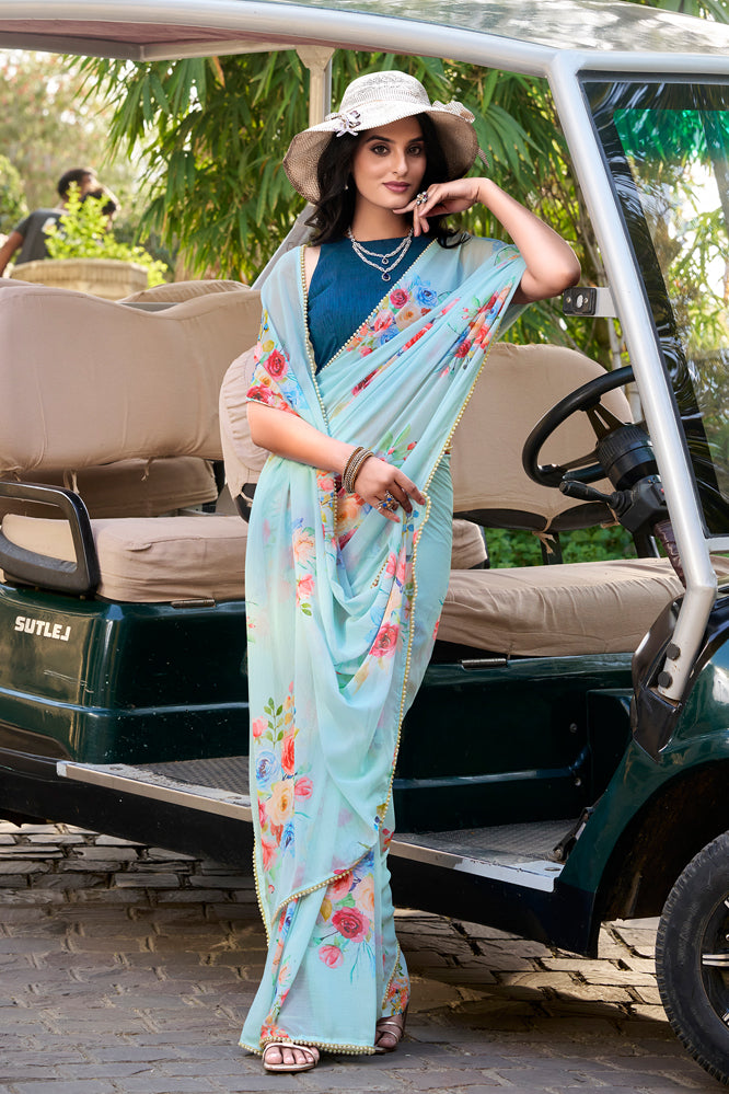 Sea Blue Floral Georgette Saree – Pastel Partywear