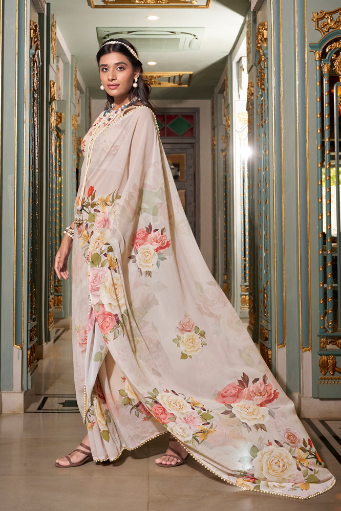 Elegant Beige Floral Georgette Saree – Lightweight Cocktail Partywear