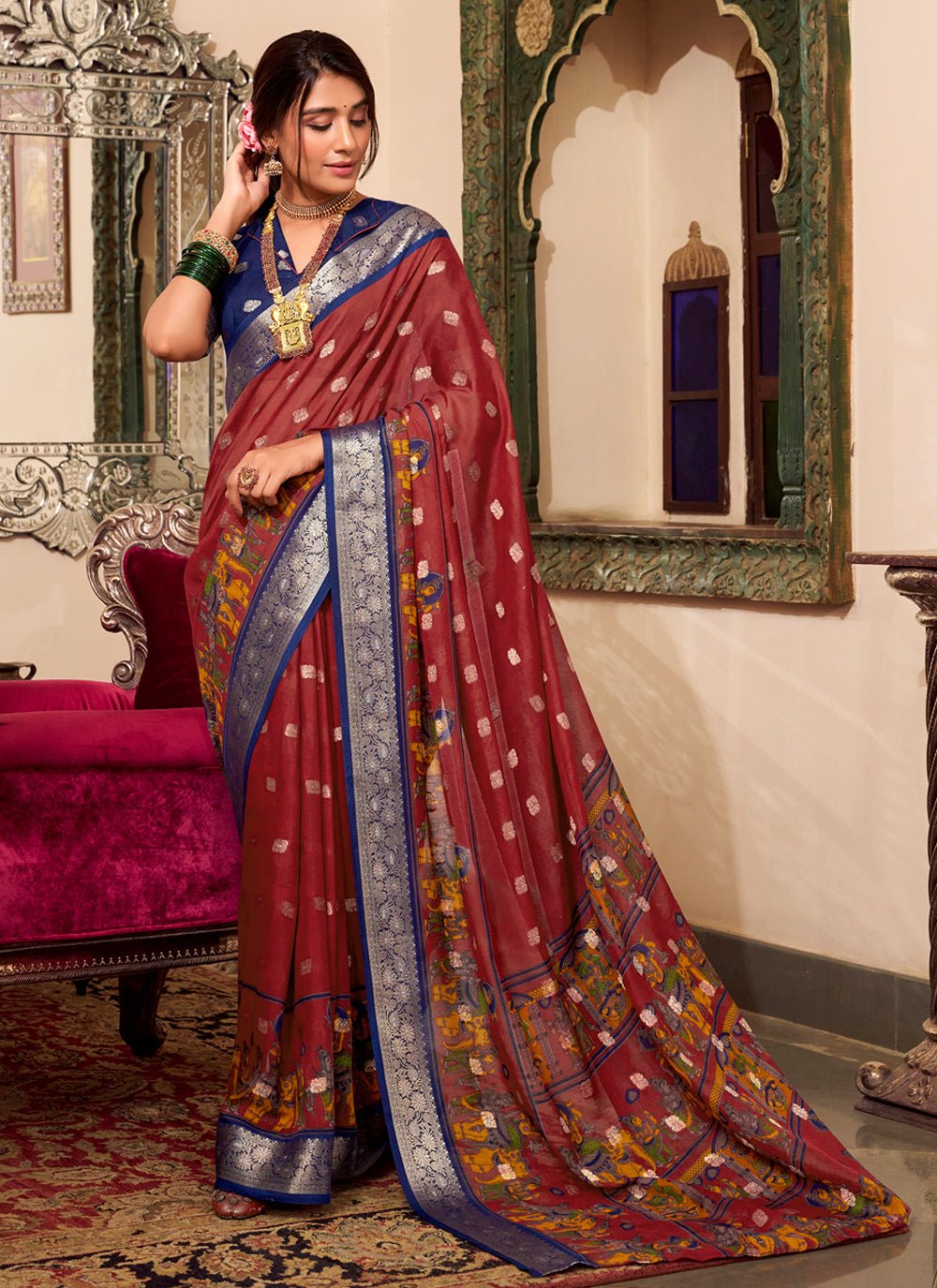 Maroon & Royal Blue Kalamkari Cotton Silk Saree
