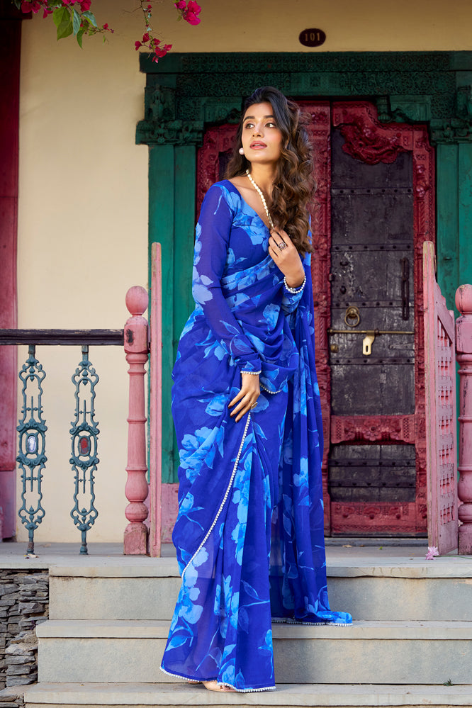 Royal Blue Floral Georgette Saree