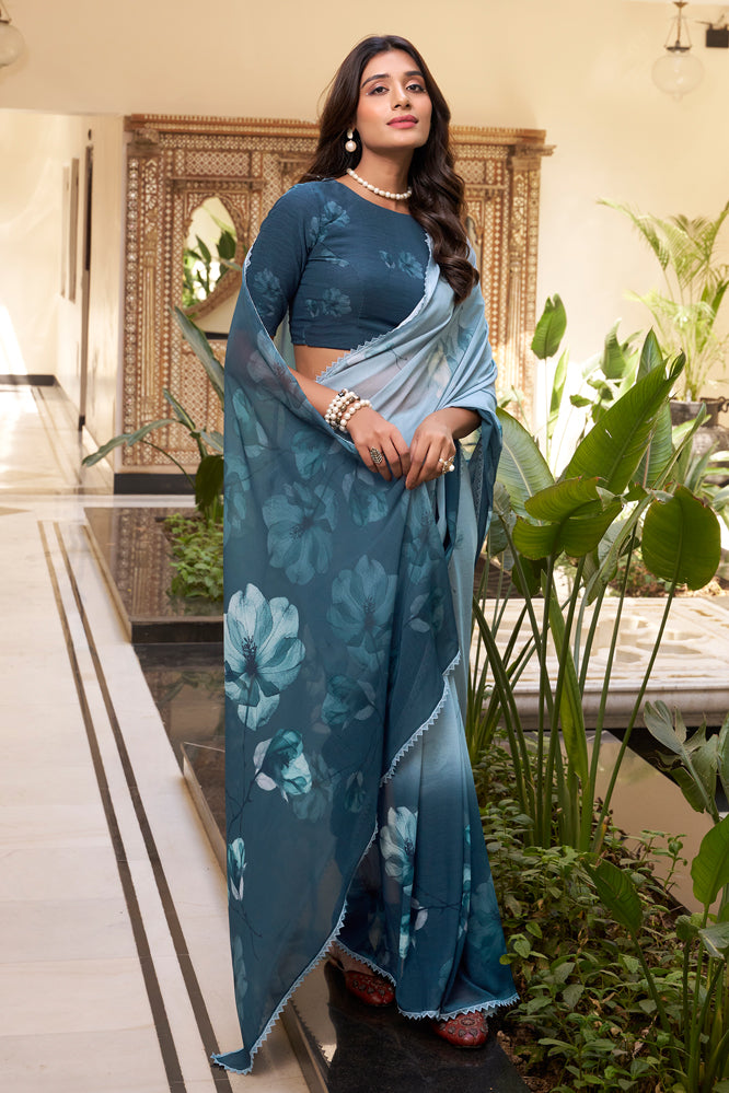 Deep Teal Blue with Sky Floral Print Georgette Saree