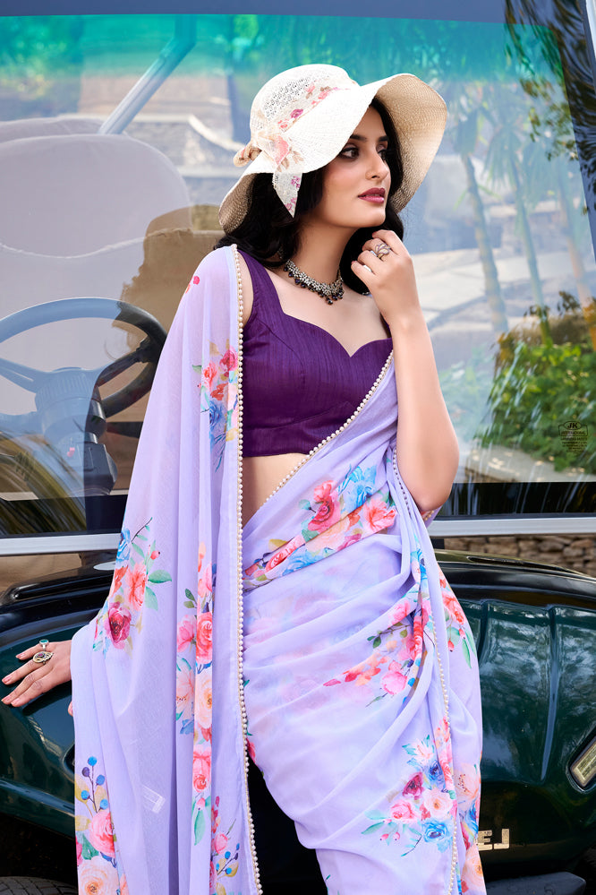 Lavender Georgette Saree with Floral Print – Elegant Partywear