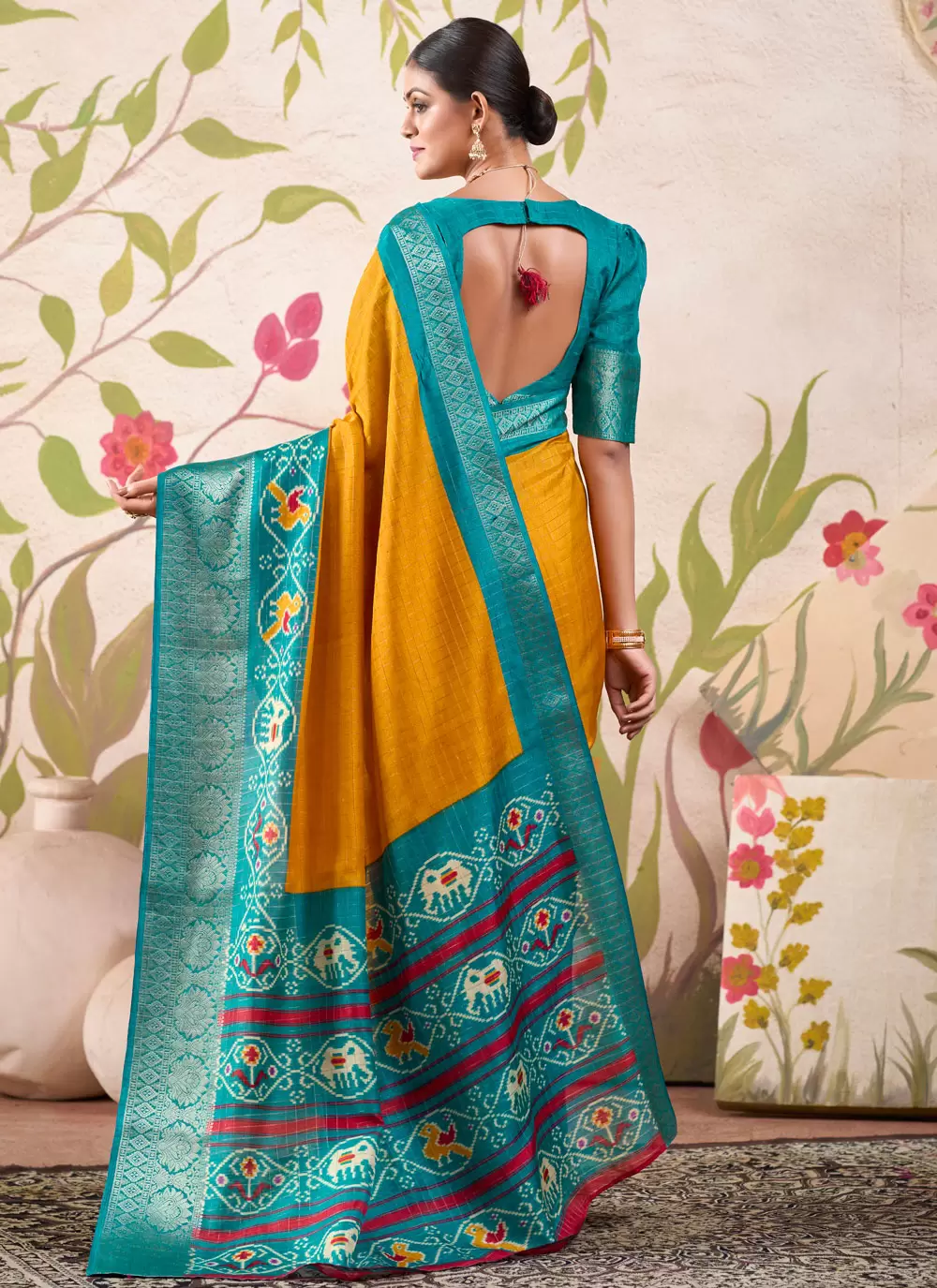 Teal Blue & Mustard Patola Print Tussar Silk Saree