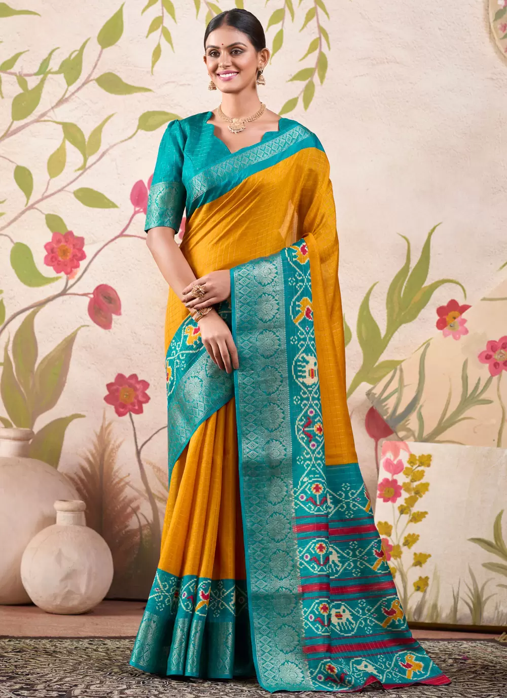 Teal Blue & Mustard Patola Print Tussar Silk Saree