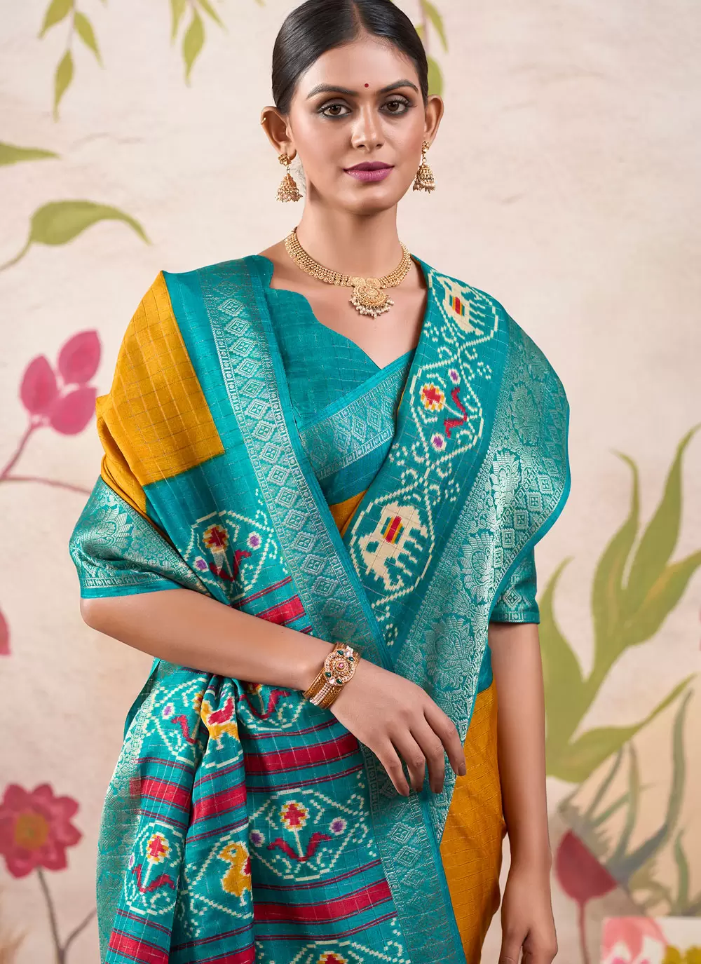 Teal Blue & Mustard Patola Print Tussar Silk Saree