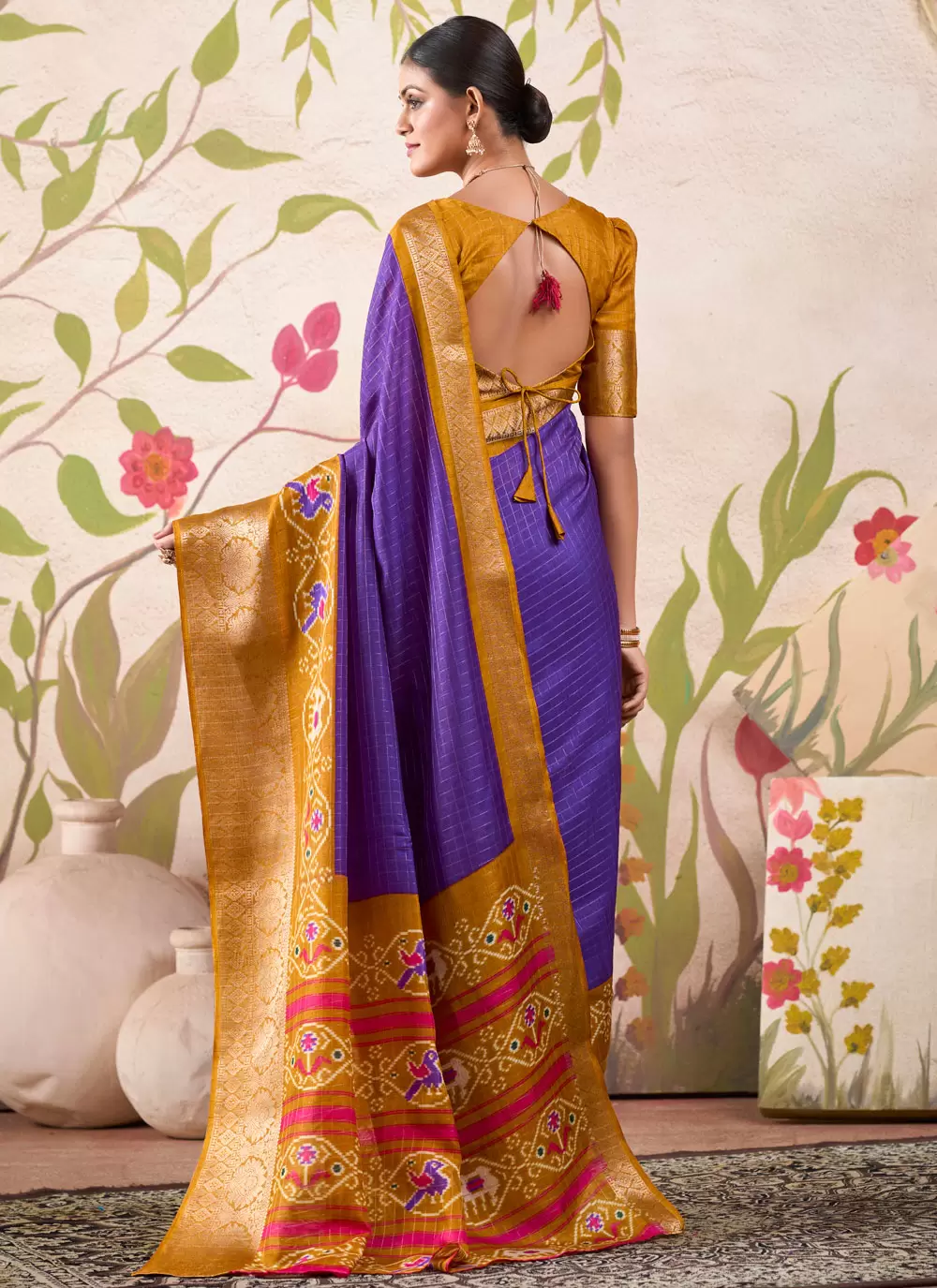 Mustard & Violet Kalamkari Poly Cotton Silk Saree