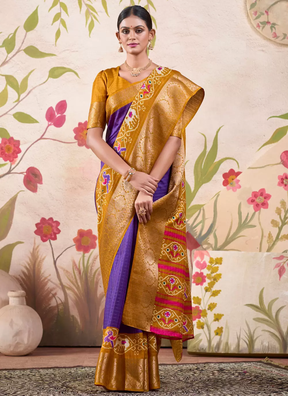 Mustard & Violet Kalamkari Poly Cotton Silk Saree