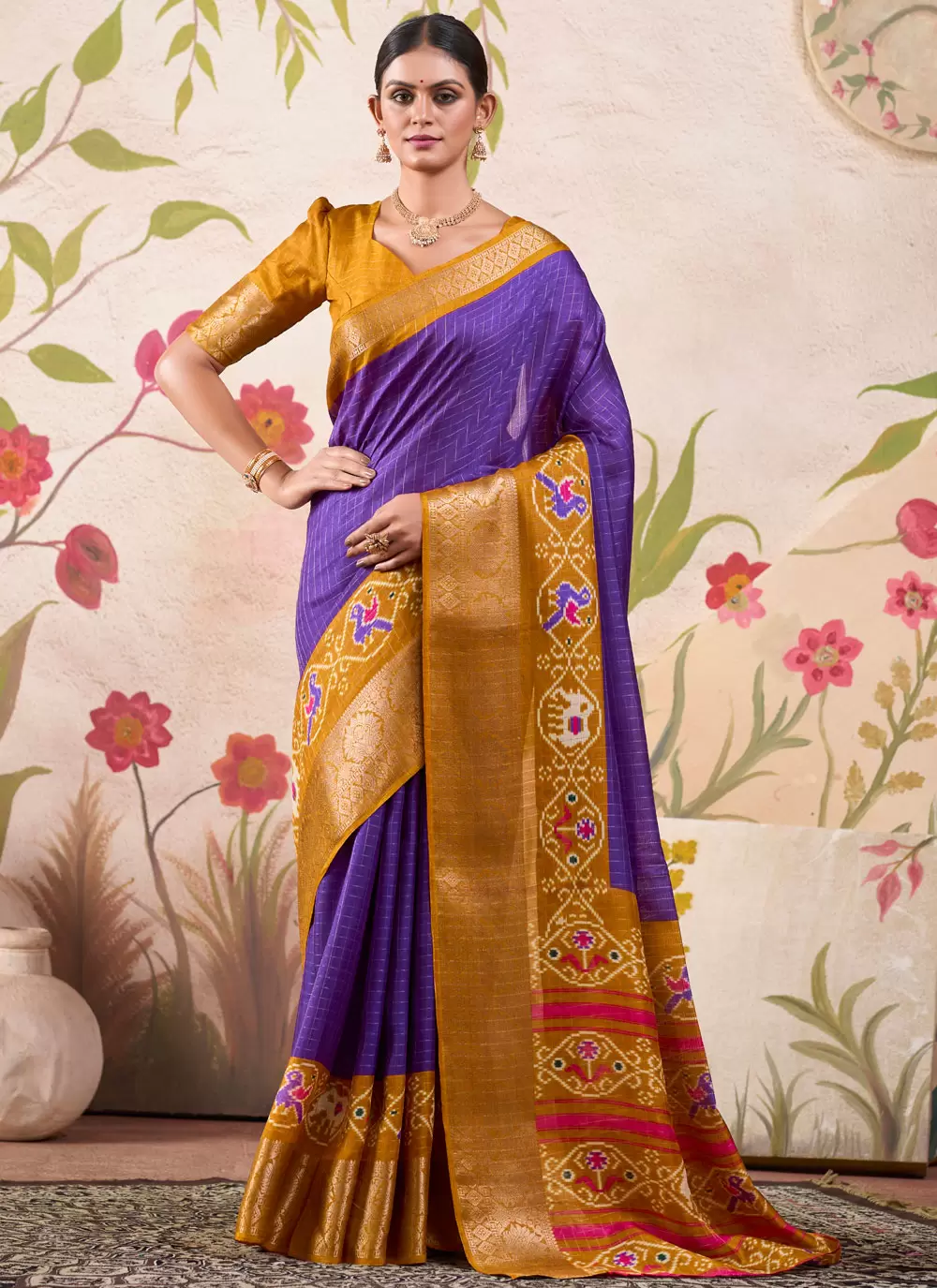 Mustard & Violet Kalamkari Poly Cotton Silk Saree