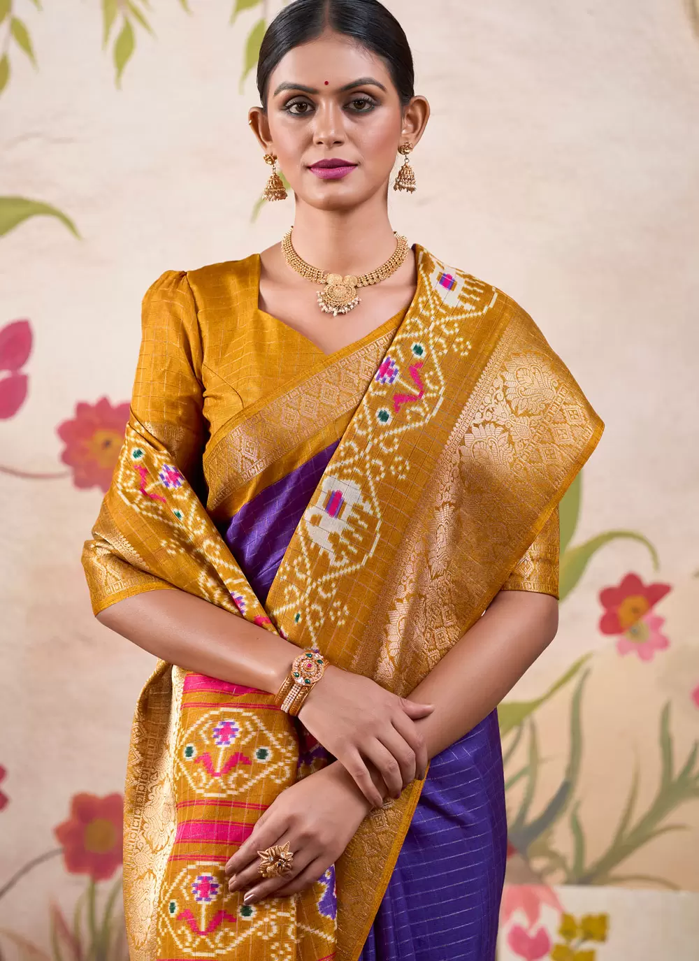 Mustard & Violet Kalamkari Poly Cotton Silk Saree
