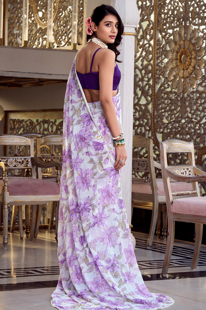 Floral Printed Weightless Georgette Saree with Pearl Lace Border and Blouse